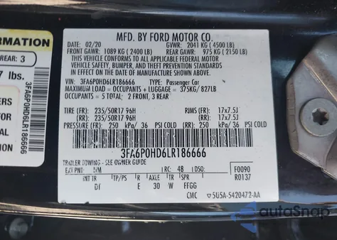 2020 Ford Fusion Se from USA, damaged, VIN 3FA6P0HD6LR186666